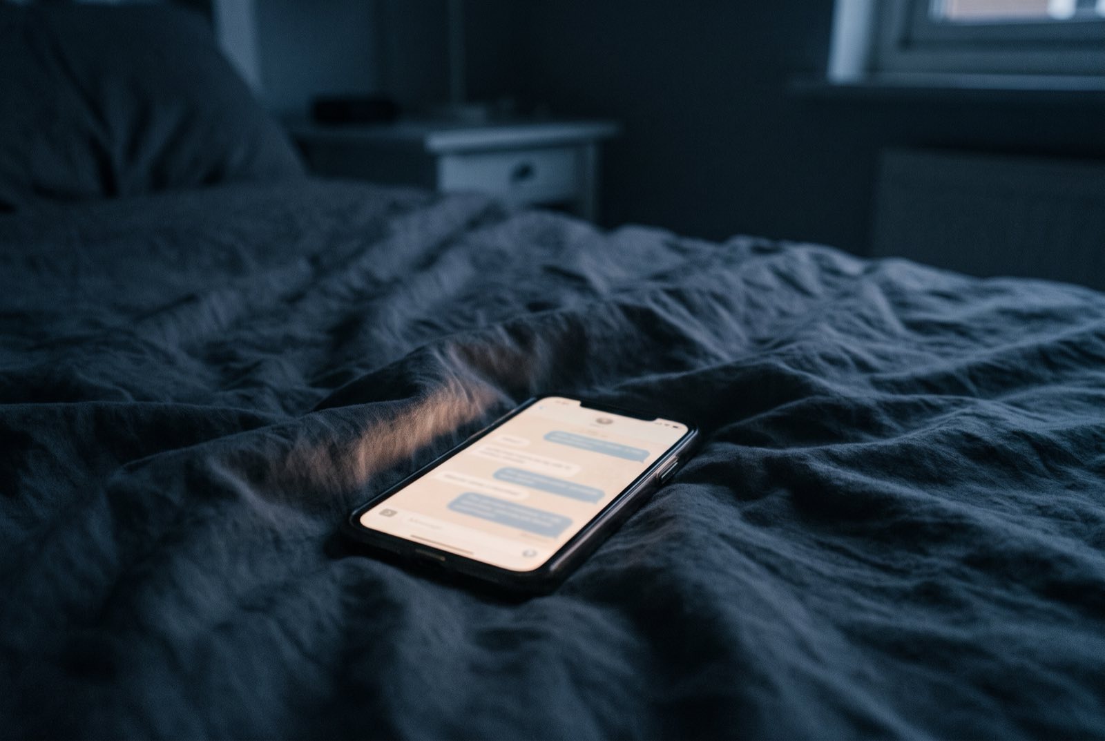Um celular sobre a cama, no escuro, com a tela acesa numa conversa.